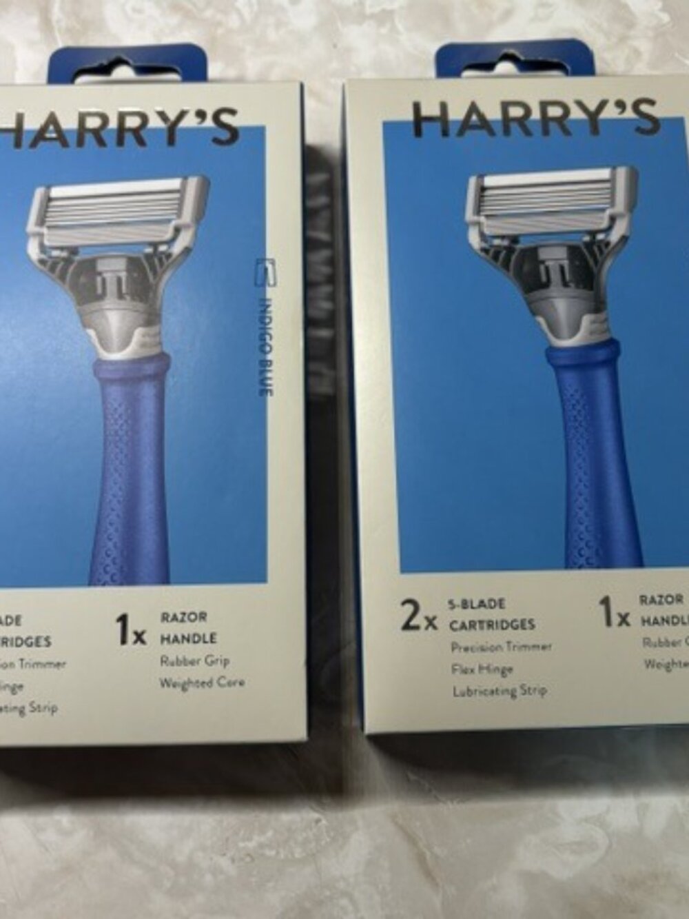 New: (2)  Harry's Men's indigo blue 5 Blade Razor with Blade Cartridges,